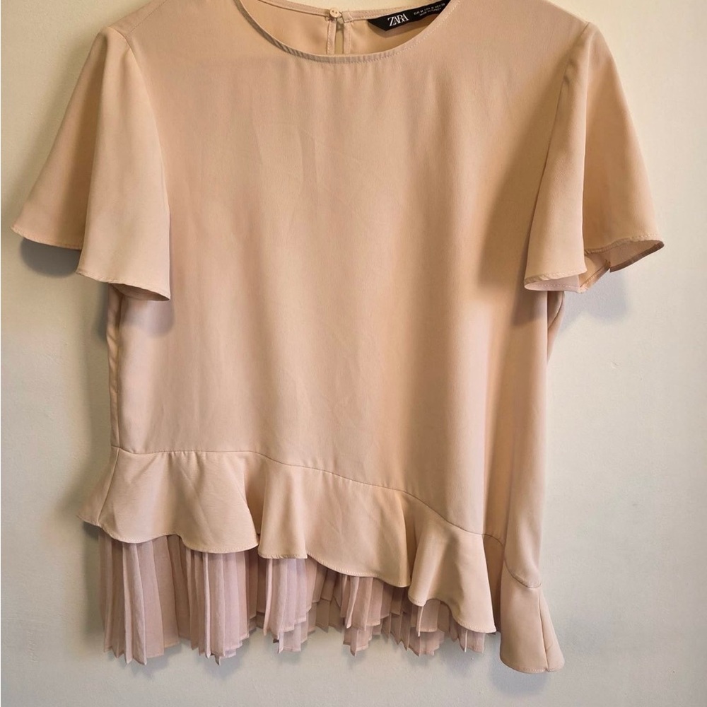 Zara Pale Blush Ruffle Hem Short Sleeve Blouse